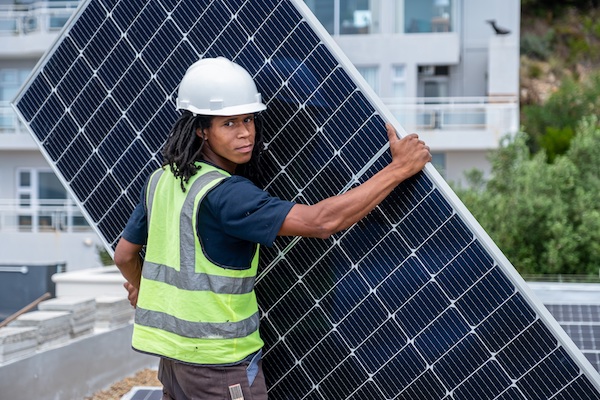An African man with protective gear installs solar panels on a roof. African technician installs solar panels.