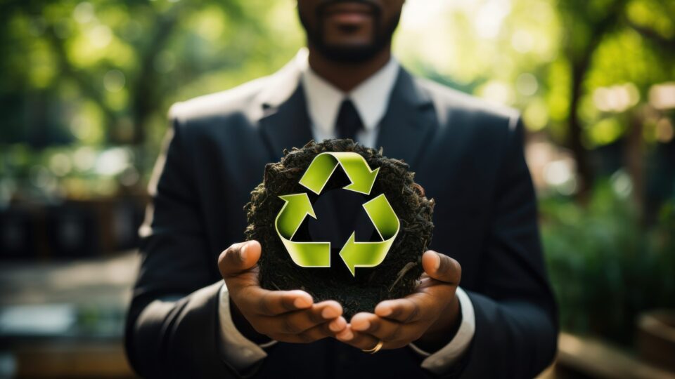 Businessman in hand symbolizing recycling concept.